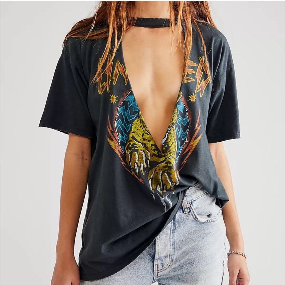 Daydreamer x Free People Untamed Leopard V-Neck Cutout Graphic Tee distressed